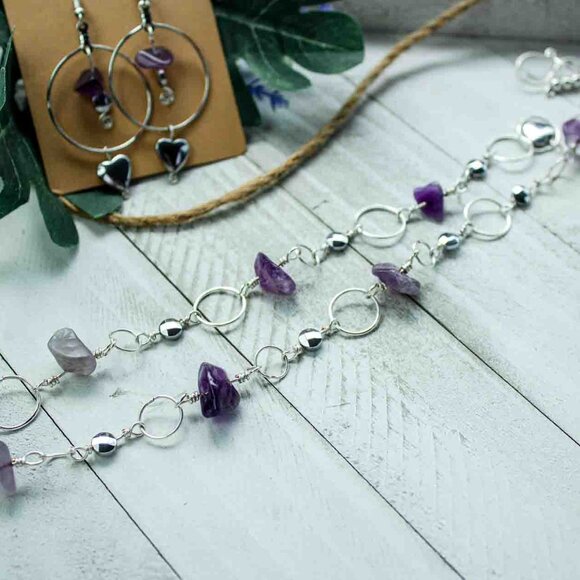 Amethyst Chip Silver Hoop Earrings & Necklace Set with Silver-Plated Heart Charm - Picture 7 of 9